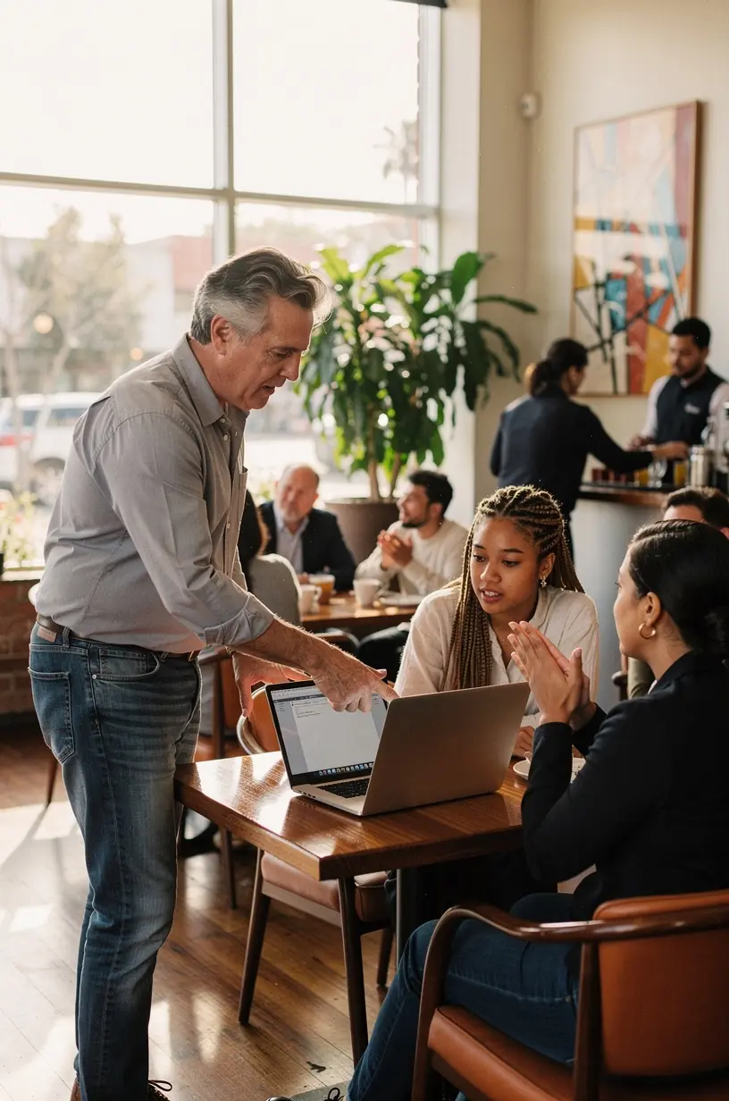 Close-up of hands typing on a keyboard with software usability reports displayed on screen.